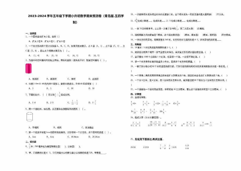 (小升初押题卷）山东省2023-2024学年五年.五四学制）