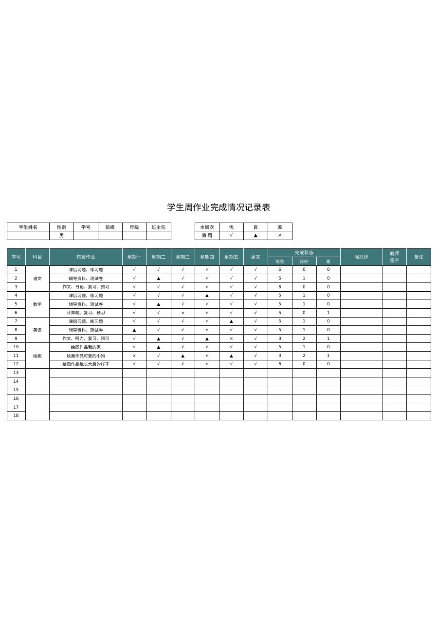 学生周作业完成情况记录表1